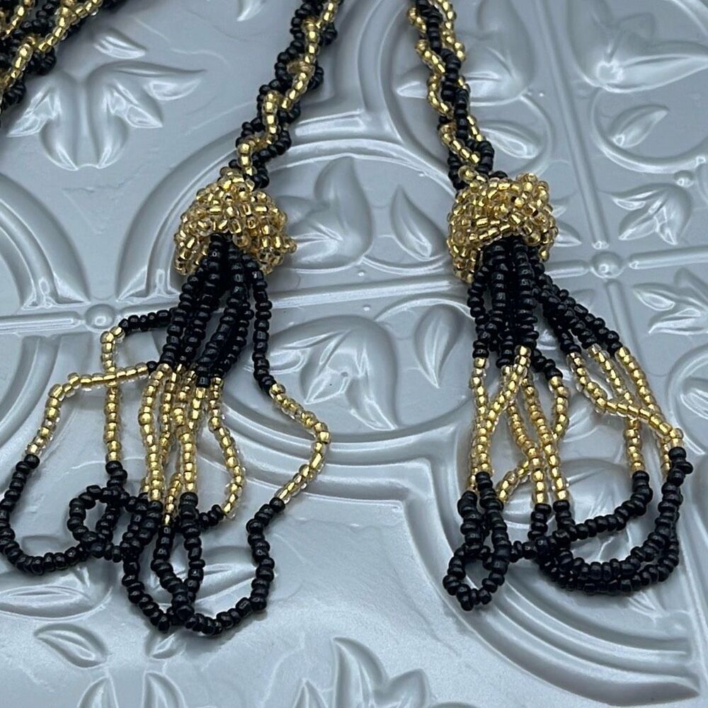 Vintage long seed bead flapper style black n gold necklace - Picture 3 of 11